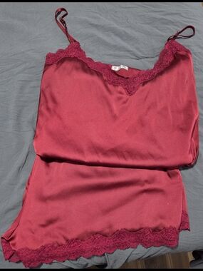 Silky Lace-Trim Burgundy Satin Camisole Pajama Set - Unbranded